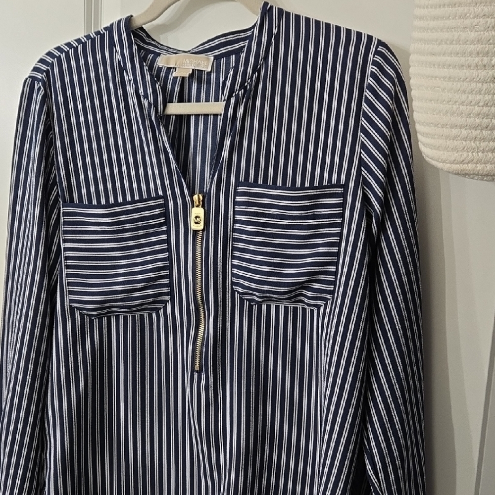 MICHAEL KORS Navy and White Striped Blouse with Gold Zipper